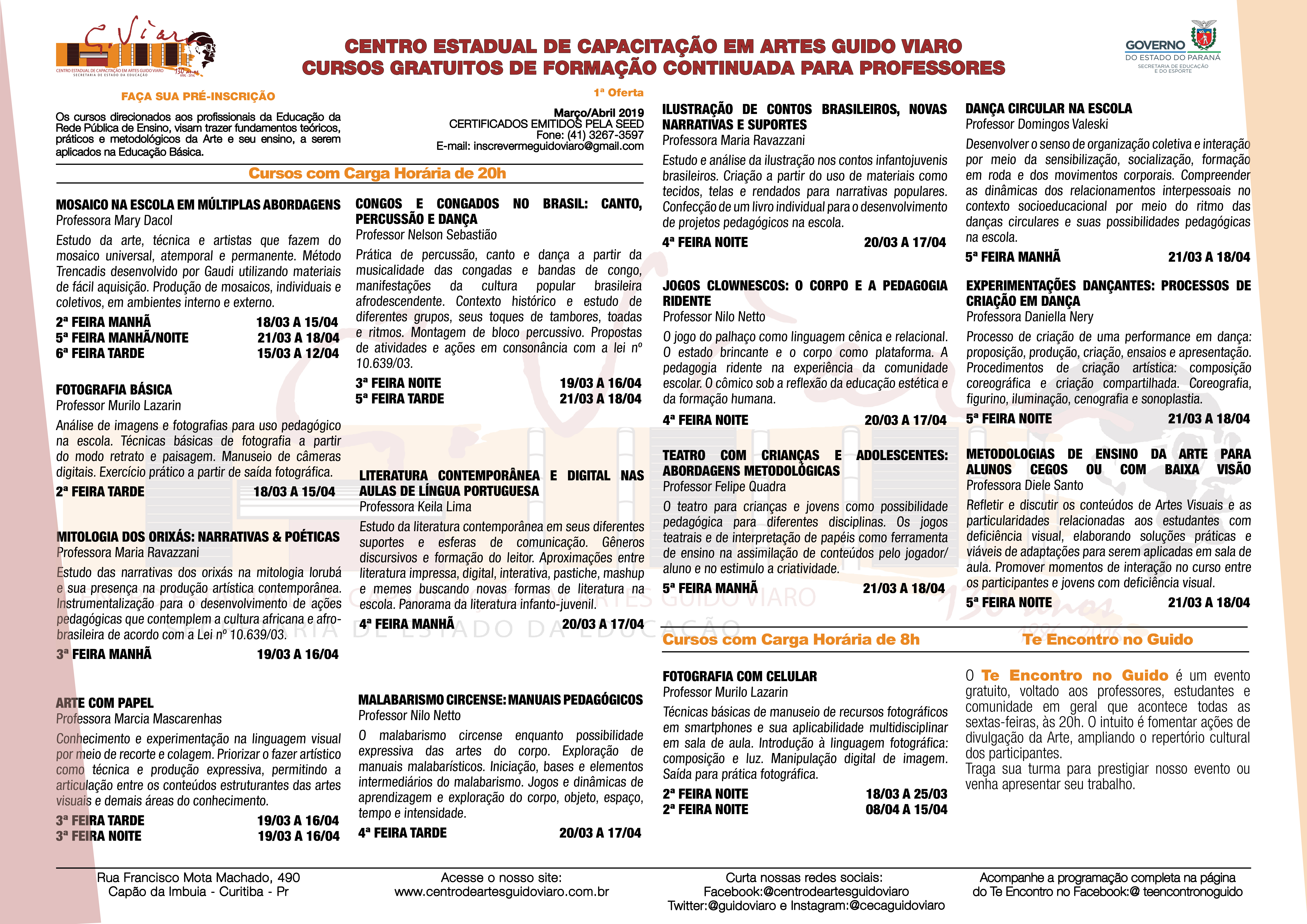 Abertas as inscrições para os Cursos de Formação Continuada do CECA Guido Viaro