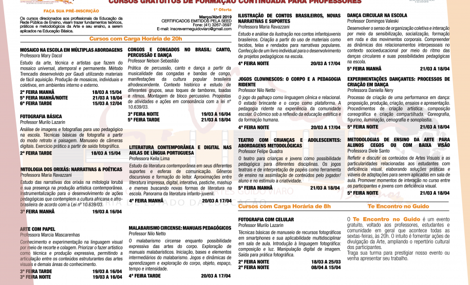 Abertas as inscrições para os Cursos de Formação Continuada do CECA Guido Viaro